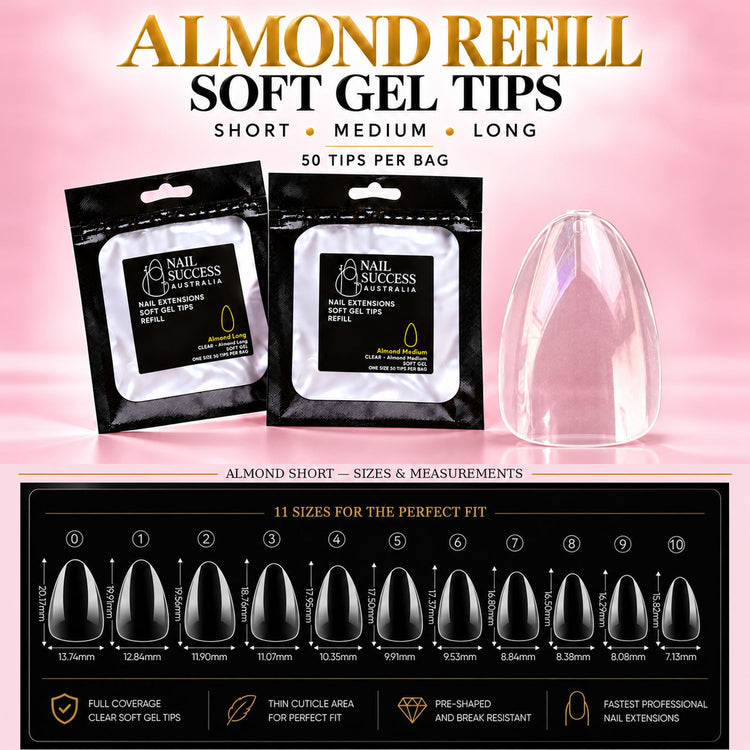 Nail Success Australia Almond refill soft gel tips in Short, Medium and Long, 50 tips per bag, with the Almond Short size chart for all 11 sizes