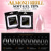 Nail Success Australia Almond refill soft gel tips in Short, Medium and Long, 50 tips per bag, with the Almond Short size chart for all 11 sizes