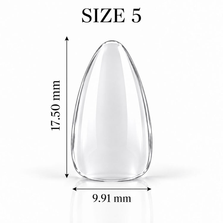 Nail Success Australia Almond Short soft gel tip, size 5, clear, 17.50 mm long x 9.91 mm wide