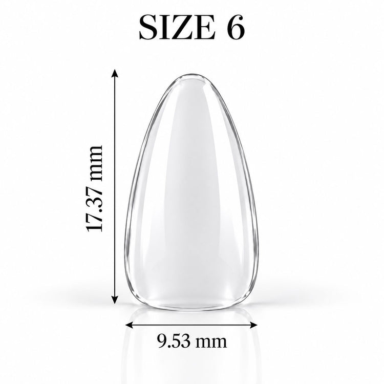 Nail Success Australia Almond Short soft gel tip, size 6, clear, 17.37 mm long x 9.53 mm wide