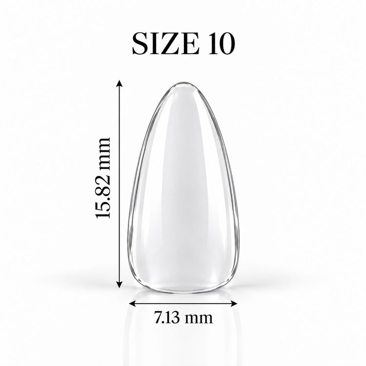 Nail Success Australia Almond Short soft gel tip, size 10, clear, 15.82 mm long x 7.13 mm wide