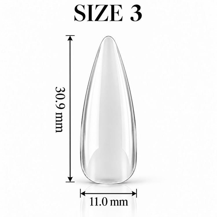 Nail Success Australia Almond Long soft gel tip, size 3, clear, 30.9 mm long x 11.0 mm wide