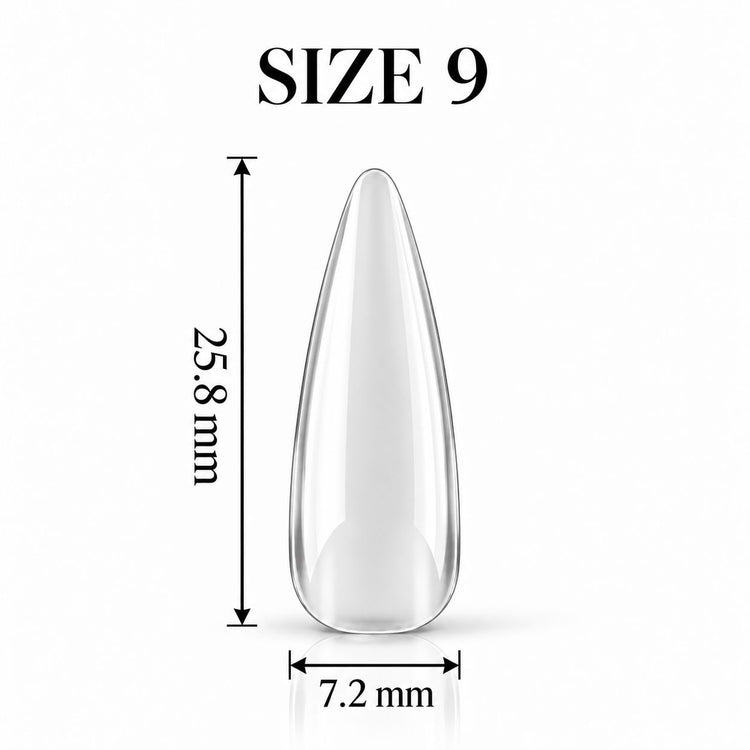 Nail Success Australia Almond Long soft gel tip, size 9, clear, 25.8 mm long x 7.2 mm wide