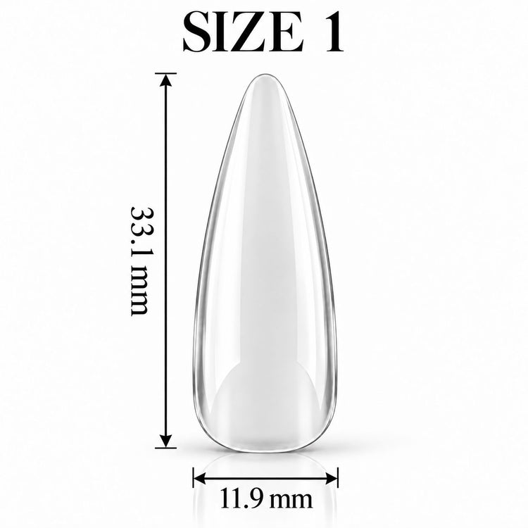 Nail Success Australia Almond Long soft gel tip, size 1, clear, 33.1 mm long x 11.9 mm wide