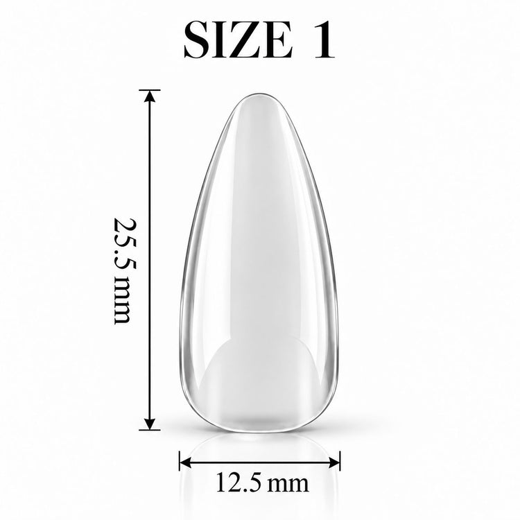 Nail Success Australia Almond Medium soft gel tip, size 1, clear, 25.5 mm long x 12.5 mm wide