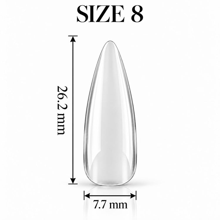 Nail Success Australia Almond Long soft gel tip, size 8, clear, 26.2 mm long x 7.7 mm wide
