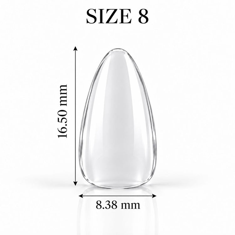 Nail Success Australia Almond Short soft gel tip, size 8, clear, 16.50 mm long x 8.38 mm wide