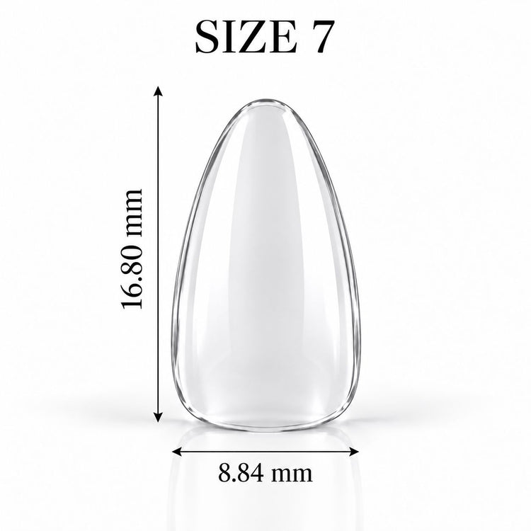 Nail Success Australia Almond Short soft gel tip, size 7, clear, 16.80 mm long x 8.84 mm wide