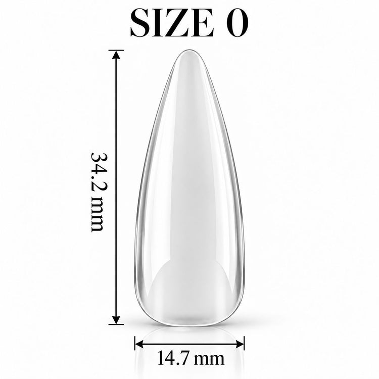 Nail Success Australia Almond Long soft gel tip, size 0, clear, 34.2 mm long x 14.7 mm wide
