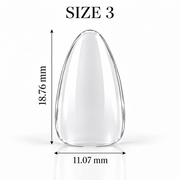 Nail Success Australia Almond Short soft gel tip, size 3, clear, 18.76 mm long x 11.07 mm wide