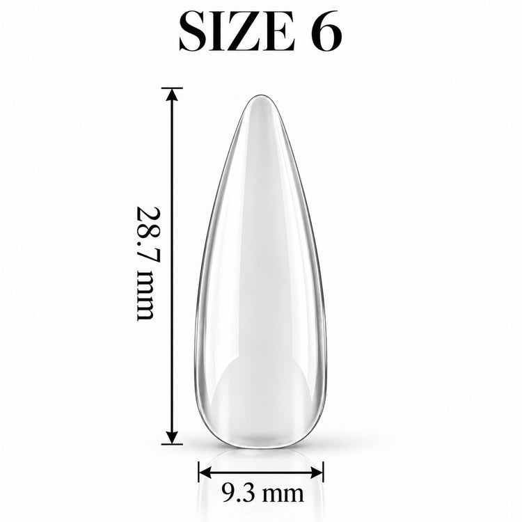 Nail Success Australia Almond Long soft gel tip, size 6, clear, 28.7 mm long x 9.3 mm wide