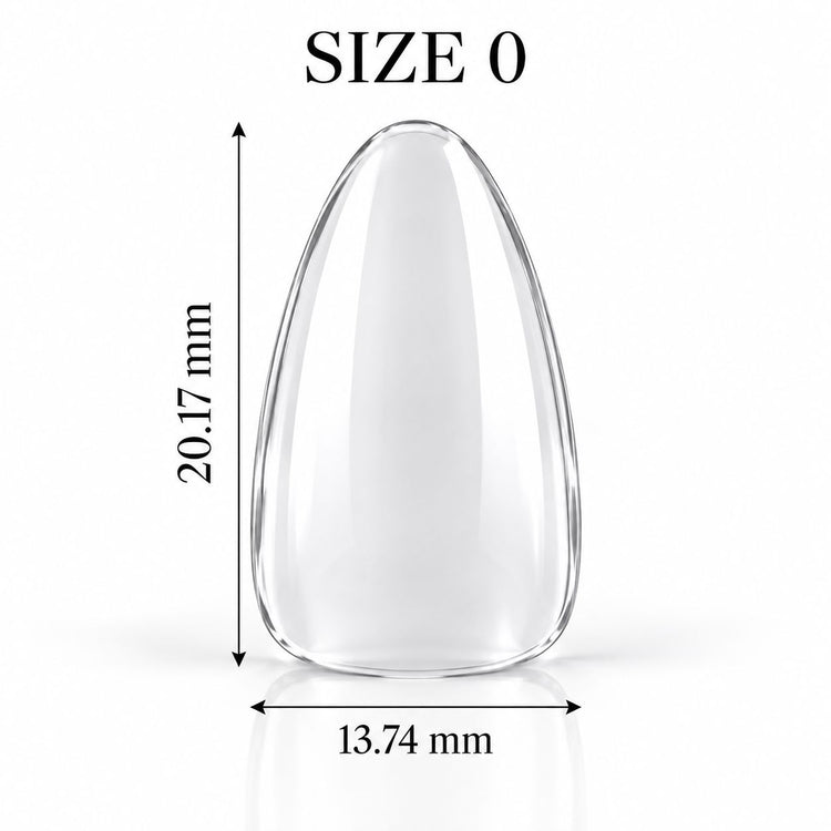 Nail Success Australia Almond Short soft gel tip, size 0, clear, 20.17 mm long x 13.74 mm wide