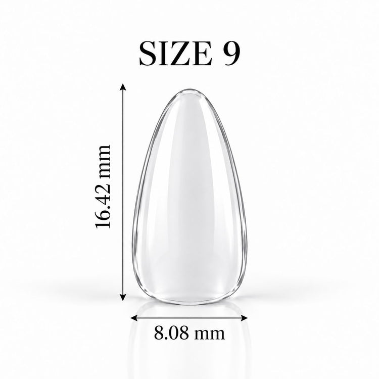 Nail Success Australia Almond Short soft gel tip, size 9, clear, 16.42 mm long x 8.08 mm wide