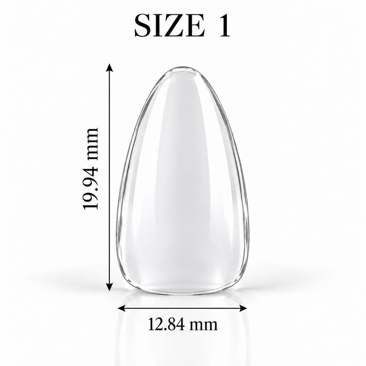 Nail Success Australia Almond Short soft gel tip, size 1, clear, 19.94 mm long x 12.84 mm wide