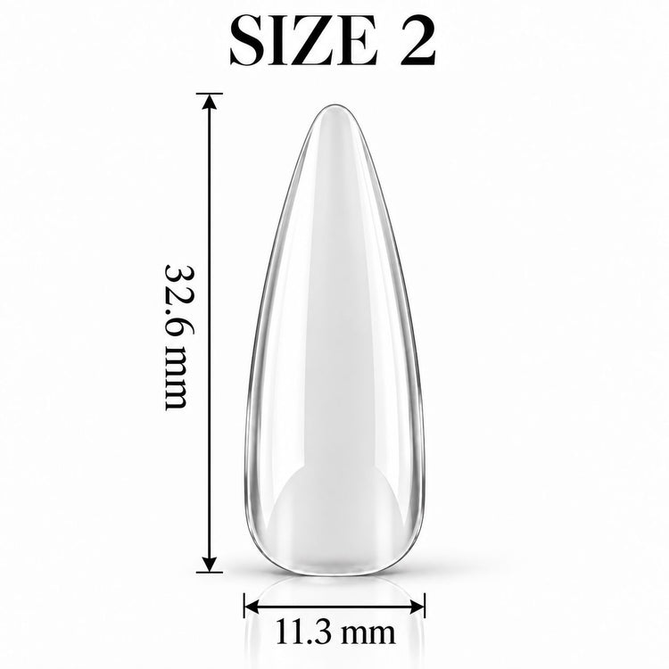 Nail Success Australia Almond Long soft gel tip, size 2, clear, 32.6 mm long x 11.3 mm wide