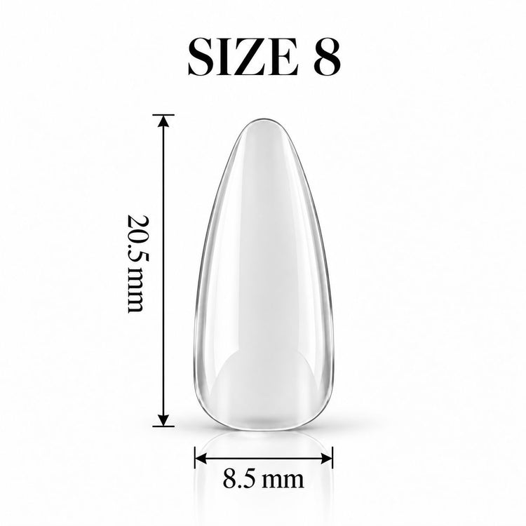 Nail Success Australia Almond Medium soft gel tip, size 8, clear, 20.5 mm long x 8.5 mm wide