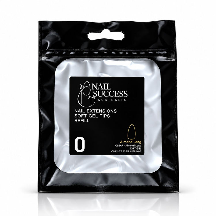 Nail Success Australia Almond Long soft gel tips refill pouch, size 0, 50 clear tips per bag