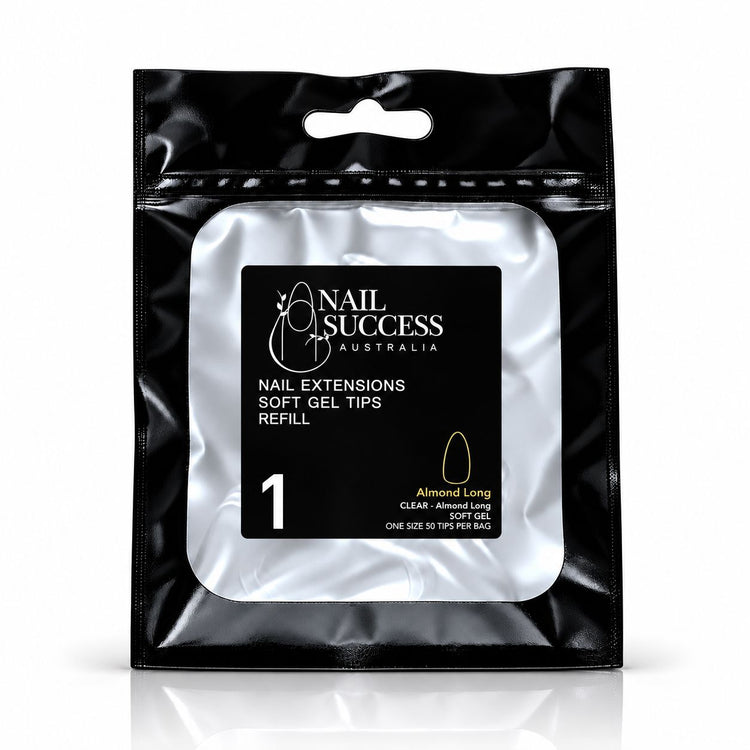 Nail Success Australia Almond Long soft gel tips refill pouch, size 1, 50 clear tips per bag