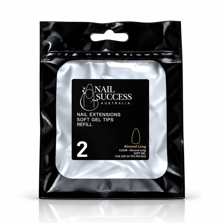 Nail Success Australia Almond Long soft gel tips refill pouch, size 2, 50 clear tips per bag