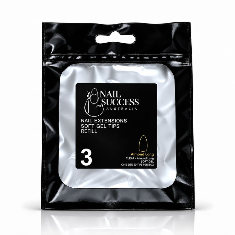 Nail Success Australia Almond Long soft gel tips refill pouch, size 3, 50 clear tips per bag