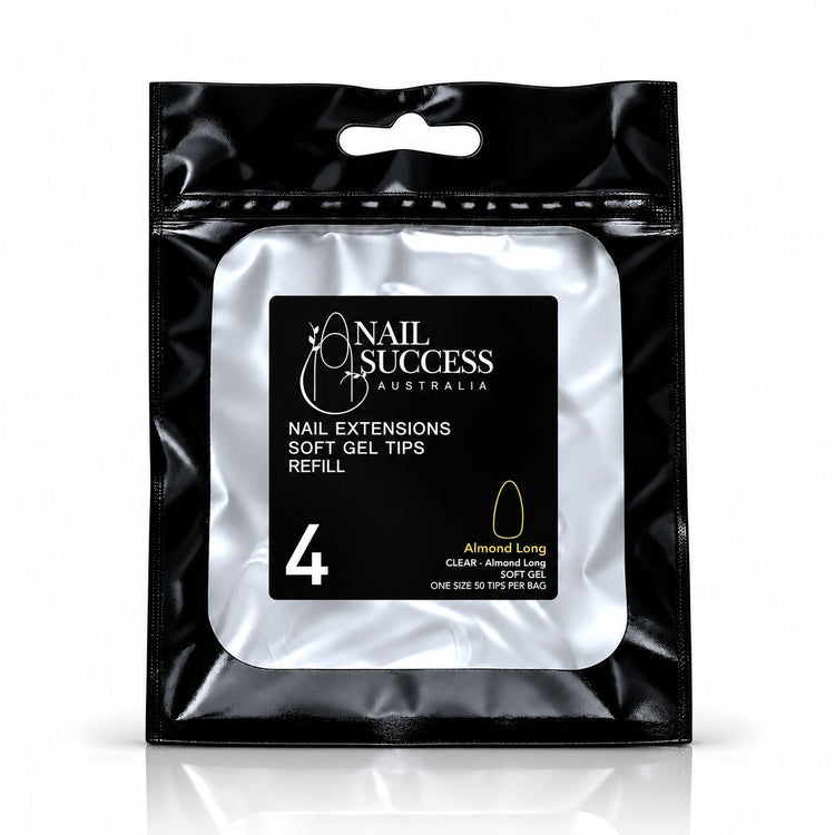 Nail Success Australia Almond Long soft gel tips refill pouch, size 4, 50 clear tips per bag