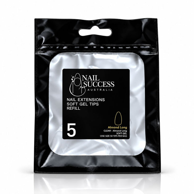 Nail Success Australia Almond Long soft gel tips refill pouch, size 5, 50 clear tips per bag