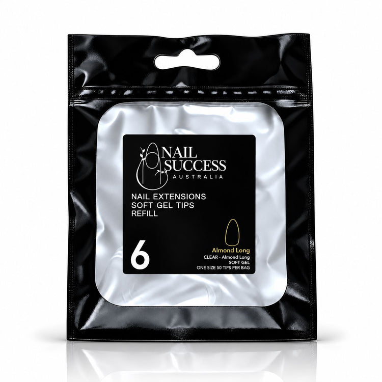Nail Success Australia Almond Long soft gel tips refill pouch, size 6, 50 clear tips per bag