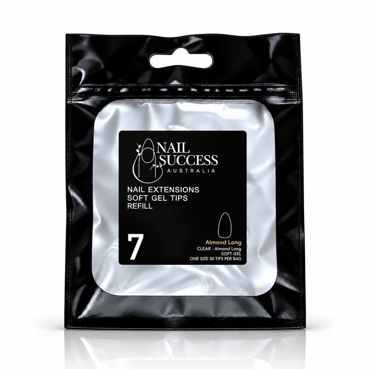 Nail Success Australia Almond Long soft gel tips refill pouch, size 7, 50 clear tips per bag
