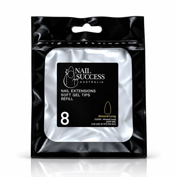 Nail Success Australia Almond Long soft gel tips refill pouch, size 8, 50 clear tips per bag