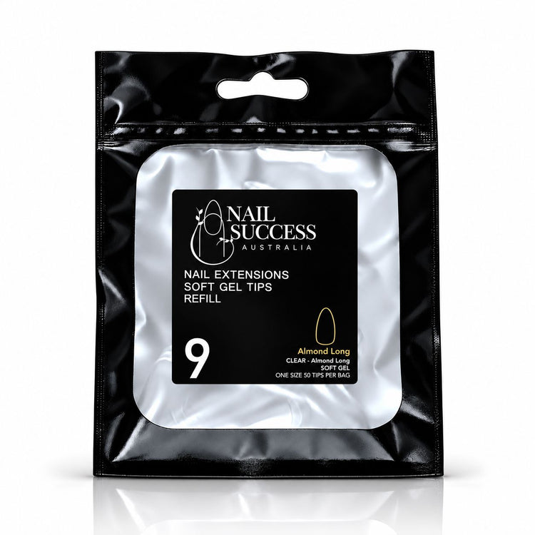 Nail Success Australia Almond Long soft gel tips refill pouch, size 9, 50 clear tips per bag