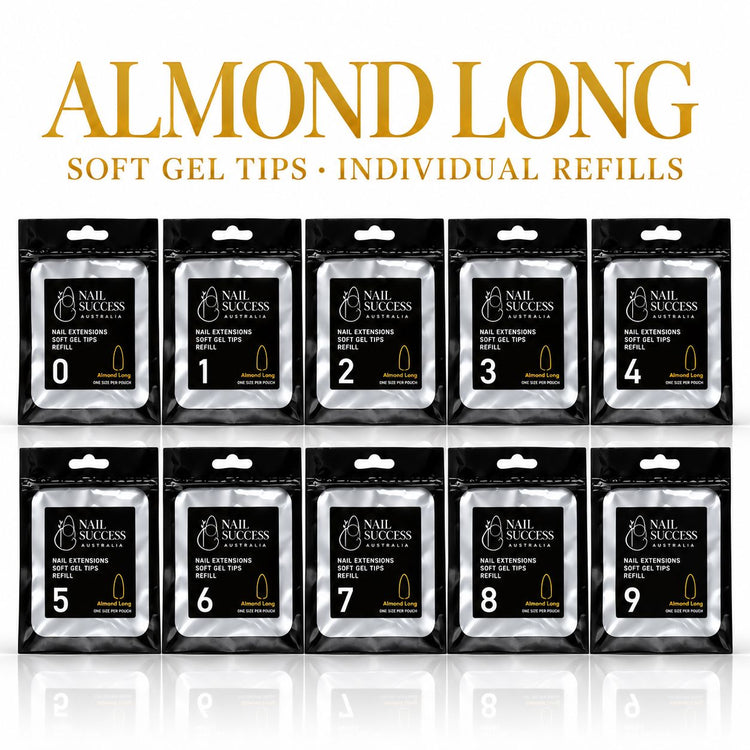Nail Success Australia Almond Long soft gel tips individual refills, all 10 sizes, 0 to 9, 50 clear tips per pouch