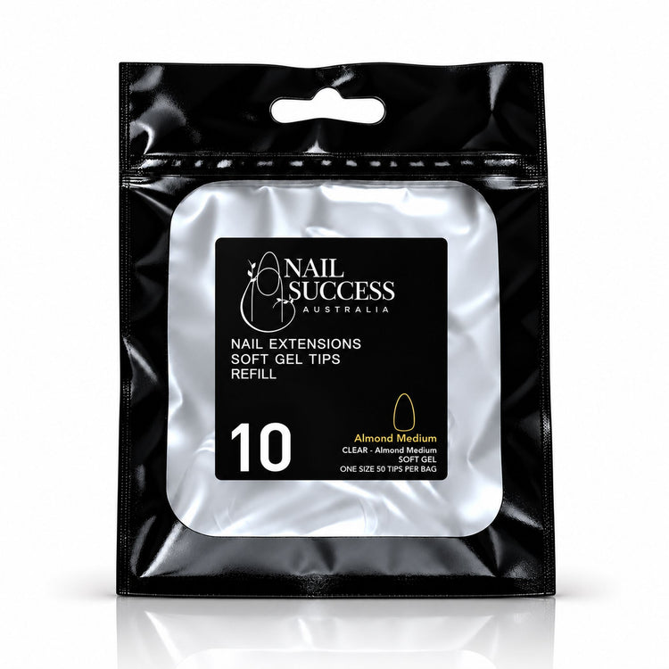Nail Success Australia Almond Medium soft gel tips refill pouch, size 10, 50 clear tips per bag