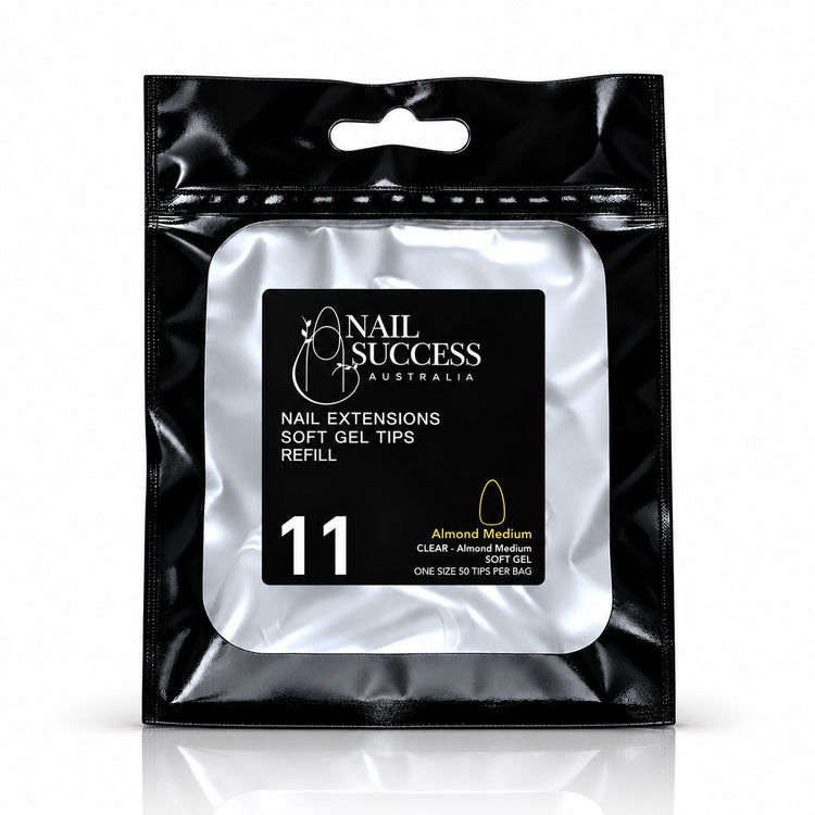 Nail Success Australia Almond Medium soft gel tips refill pouch, size 11, 50 clear tips per bag