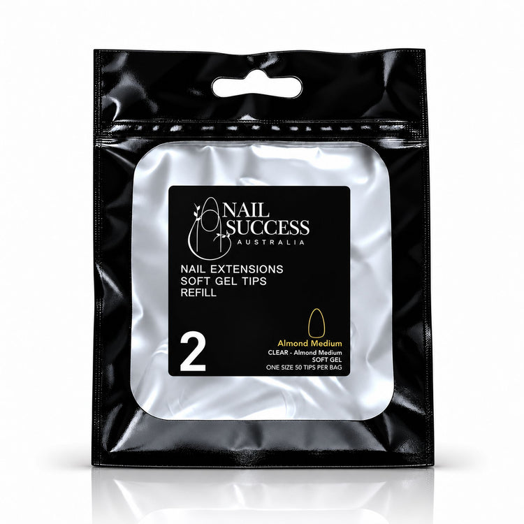 Nail Success Australia Almond Medium soft gel tips refill pouch, size 2, 50 clear tips per bag
