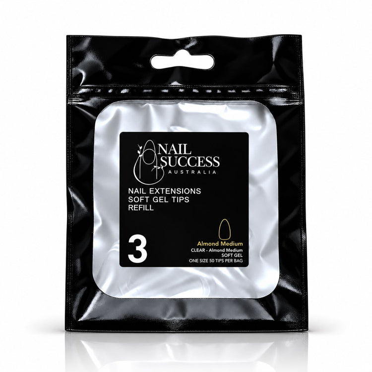 Nail Success Australia Almond Medium soft gel tips refill pouch, size 3, 50 clear tips per bag