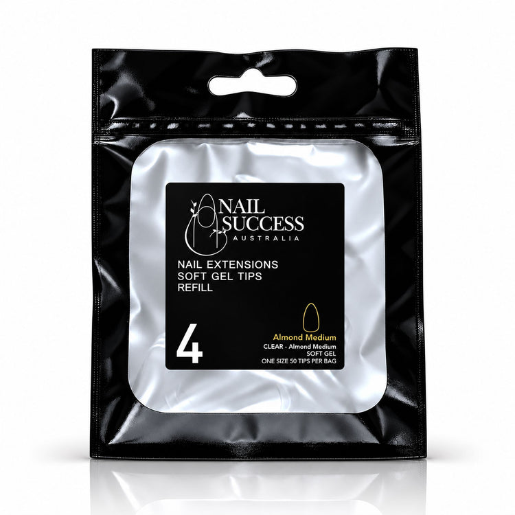 Nail Success Australia Almond Medium soft gel tips refill pouch, size 4, 50 clear tips per bag