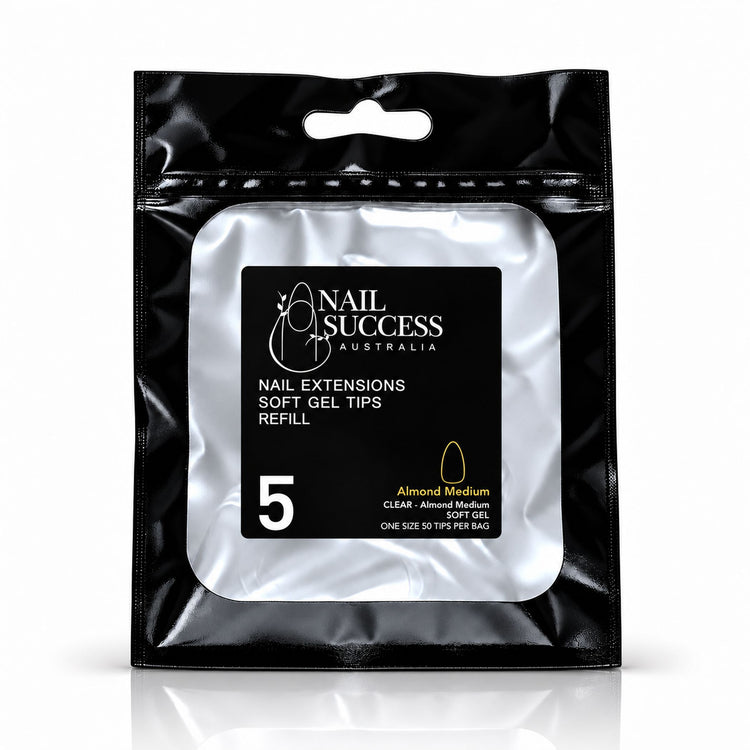Nail Success Australia Almond Medium soft gel tips refill pouch, size 5, 50 clear tips per bag