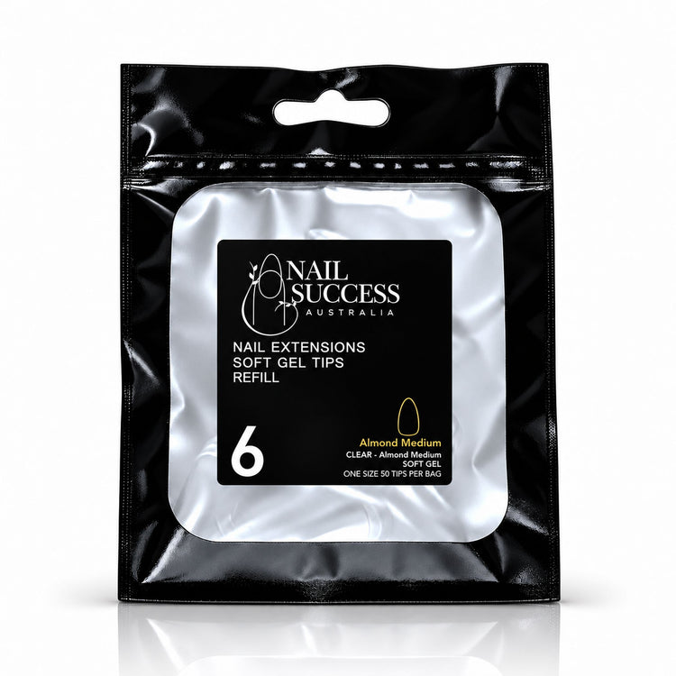 Nail Success Australia Almond Medium soft gel tips refill pouch, size 6, 50 clear tips per bag