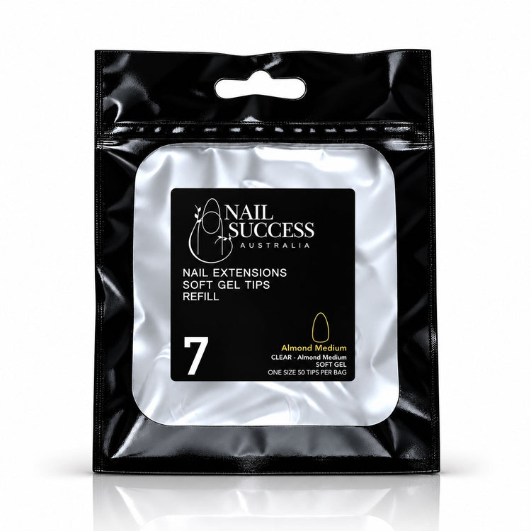 Nail Success Australia Almond Medium soft gel tips refill pouch, size 7, 50 clear tips per bag