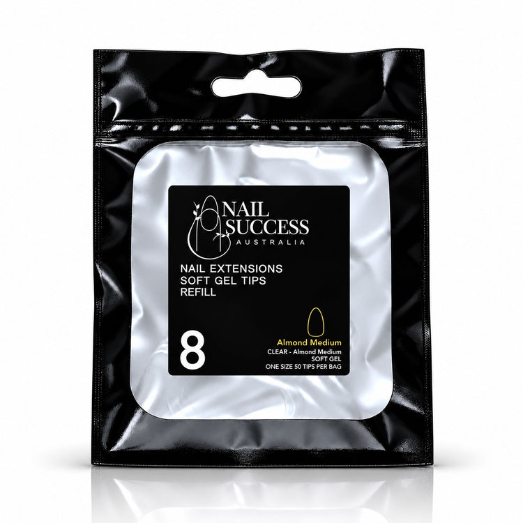 Nail Success Australia Almond Medium soft gel tips refill pouch, size 8, 50 clear tips per bag