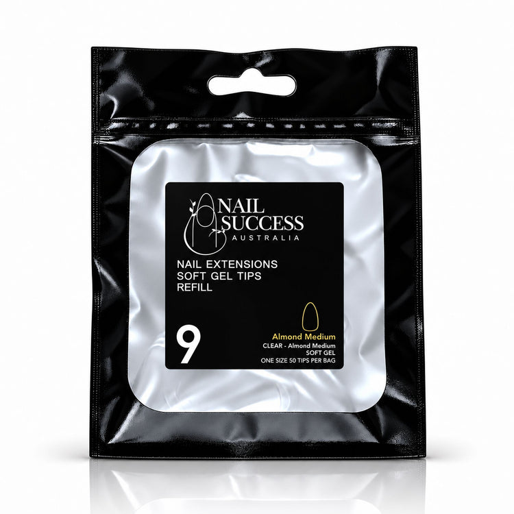 Nail Success Australia Almond Medium soft gel tips refill pouch, size 9, 50 clear tips per bag