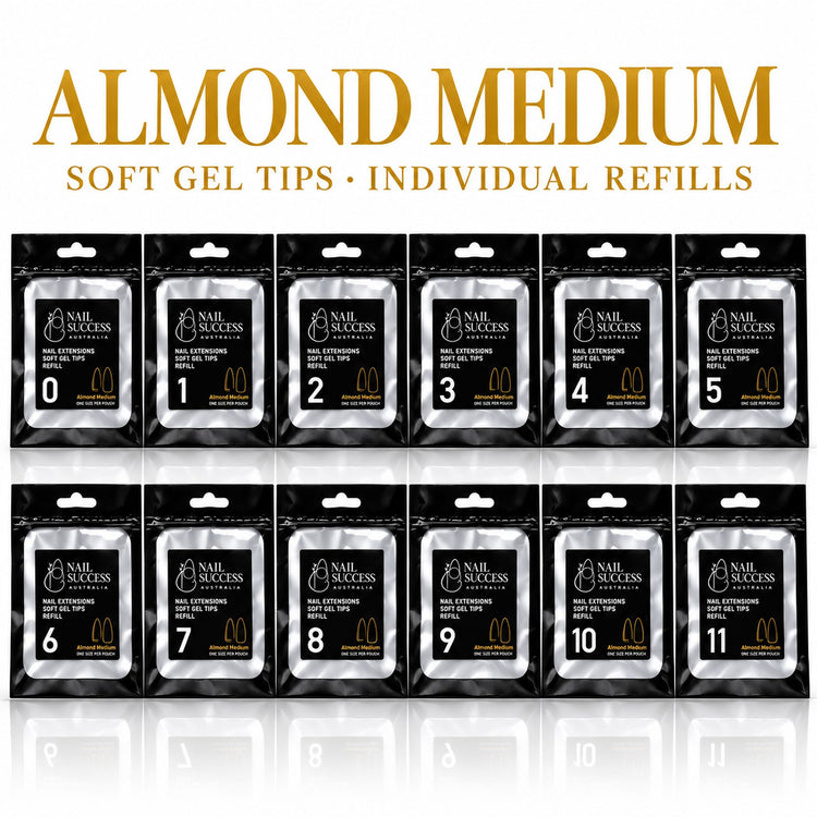 Nail Success Australia Almond Medium soft gel tips individual refills, all 12 sizes, 0 to 11, 50 clear tips per pouch