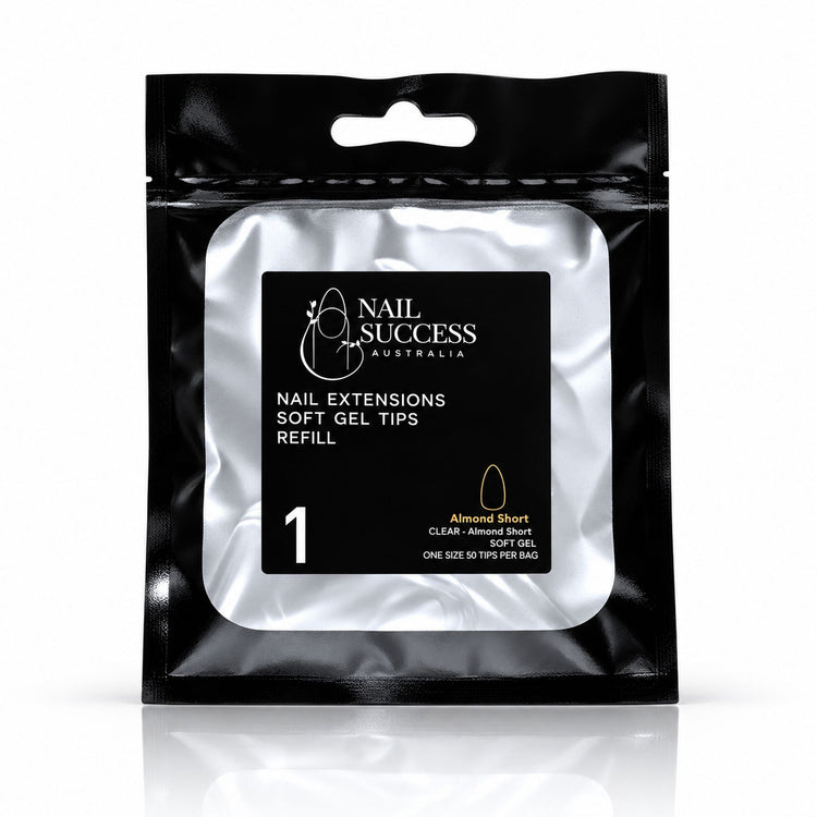 Nail Success Australia Almond Short soft gel tips refill pouch, size 1, 50 clear tips per bag