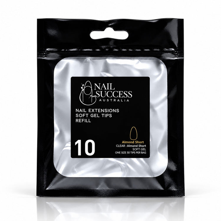 Nail Success Australia Almond Short soft gel tips refill pouch, size 10, 50 clear tips per bag