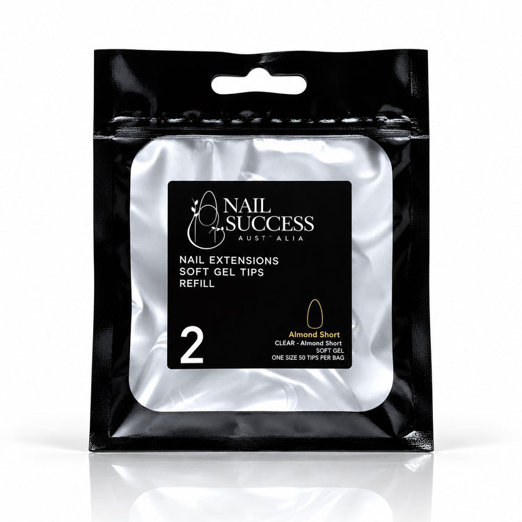 Nail Success Australia Almond Short soft gel tips refill pouch, size 2, 50 clear tips per bag