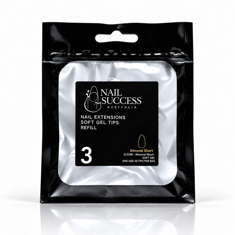 Nail Success Australia Almond Short soft gel tips refill pouch, size 3, 50 clear tips per bag