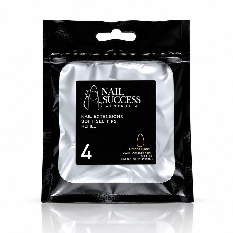 Nail Success Australia Almond Short soft gel tips refill pouch, size 4, 50 clear tips per bag