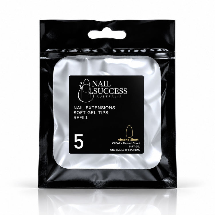 Nail Success Australia Almond Short soft gel tips refill pouch, size 5, 50 clear tips per bag