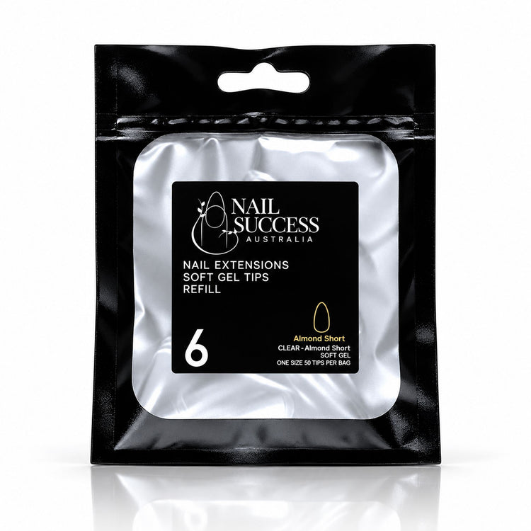 Nail Success Australia Almond Short soft gel tips refill pouch, size 6, 50 clear tips per bag