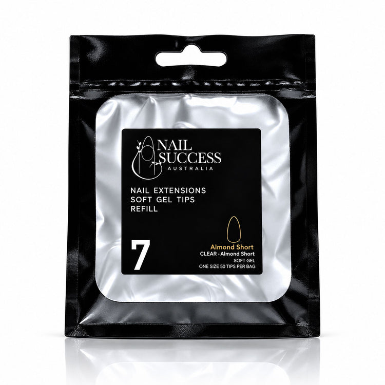 Nail Success Australia Almond Short soft gel tips refill pouch, size 7, 50 clear tips per bag